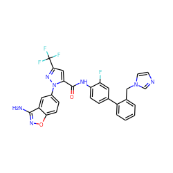 Nc1noc2ccc(-n3nc(C(F)(F)F)cc3C(=O)Nc3ccc(-c4ccccc4Cn4ccnc4)cc3F)cc12 ZINC000014951201