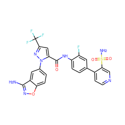 Nc1noc2ccc(-n3nc(C(F)(F)F)cc3C(=O)Nc3ccc(-c4ccncc4S(N)(=O)=O)cc3F)cc12 ZINC000014950380