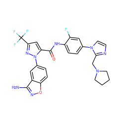 Nc1noc2ccc(-n3nc(C(F)(F)F)cc3C(=O)Nc3ccc(-n4ccnc4CN4CCCC4)cc3F)cc12 ZINC000014950386