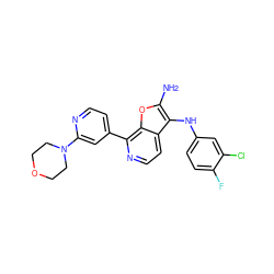 Nc1oc2c(-c3ccnc(N4CCOCC4)c3)nccc2c1Nc1ccc(F)c(Cl)c1 ZINC000653802006