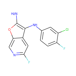 Nc1oc2cnc(F)cc2c1Nc1ccc(F)c(Cl)c1 ZINC000222811668