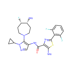 Nc1sc(-c2c(F)cccc2F)nc1C(=O)Nc1cnn(C2CC2)c1N1CC[C@H](F)[C@H](N)CC1 ZINC000169699380