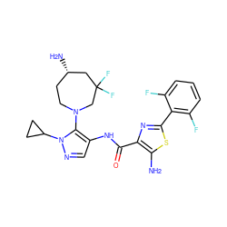 Nc1sc(-c2c(F)cccc2F)nc1C(=O)Nc1cnn(C2CC2)c1N1CC[C@H](N)CC(F)(F)C1 ZINC000169699393