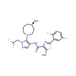 Nc1sc(-c2cc(F)ccc2F)nc1C(=O)Nc1cnn(CC(F)F)c1N1CCC[C@@H](N)CC1 ZINC000169699296