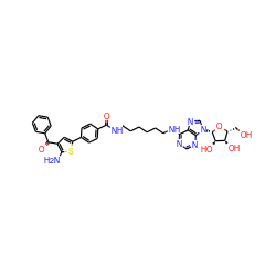 Nc1sc(-c2ccc(C(=O)NCCCCCCNc3ncnc4c3ncn4[C@@H]3O[C@H](CO)[C@@H](O)[C@H]3O)cc2)cc1C(=O)c1ccccc1 ZINC001772570968