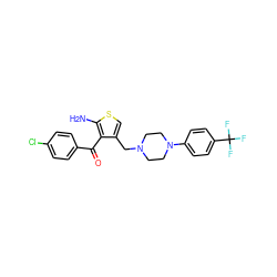 Nc1scc(CN2CCN(c3ccc(C(F)(F)F)cc3)CC2)c1C(=O)c1ccc(Cl)cc1 ZINC000040862442