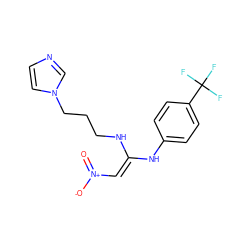 O=[N+]([O-])/C=C(\NCCCn1ccnc1)Nc1ccc(C(F)(F)F)cc1 ZINC000101285145