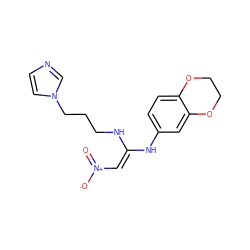 O=[N+]([O-])/C=C(\NCCCn1ccnc1)Nc1ccc2c(c1)OCCO2 ZINC000101285162