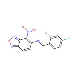 O=[N+]([O-])c1c(NCc2ccc(F)cc2Cl)ccc2nonc12 ZINC000095595434