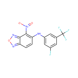 O=[N+]([O-])c1c(Nc2cc(F)cc(C(F)(F)F)c2)ccc2nonc12 ZINC000095596179