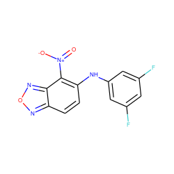 O=[N+]([O-])c1c(Nc2cc(F)cc(F)c2)ccc2nonc12 ZINC000095598056