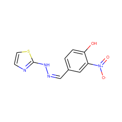 O=[N+]([O-])c1cc(/C=N\Nc2nccs2)ccc1O ZINC000084715566