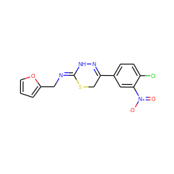 O=[N+]([O-])c1cc(C2=NN/C(=N/Cc3ccco3)SC2)ccc1Cl ZINC000653663975