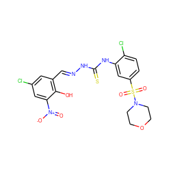 O=[N+]([O-])c1cc(Cl)cc(/C=N/NC(=S)Nc2cc(S(=O)(=O)N3CCOCC3)ccc2Cl)c1O ZINC000017466170