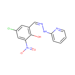 O=[N+]([O-])c1cc(Cl)cc(/C=N\Nc2ccccn2)c1O ZINC000015015497