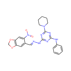 O=[N+]([O-])c1cc2c(cc1/C=N/Nc1nc(Nc3ccccc3)nc(N3CCCCC3)n1)OCO2 ZINC000013133349