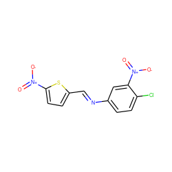 O=[N+]([O-])c1ccc(/C=N/c2ccc(Cl)c([N+](=O)[O-])c2)s1 ZINC000013118195