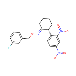 O=[N+]([O-])c1ccc([C@H]2CCCC/C2=N\OCc2cccc(F)c2)c([N+](=O)[O-])c1 ZINC000004014482