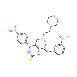 O=[N+]([O-])c1ccc([C@H]2NC(=S)NC3=C2CN(CCN2CCOCC2)C/C3=C\c2cccc([N+](=O)[O-])c2)cc1 ZINC000096282910