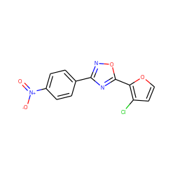 O=[N+]([O-])c1ccc(-c2noc(-c3occc3Cl)n2)cc1 ZINC000013671432