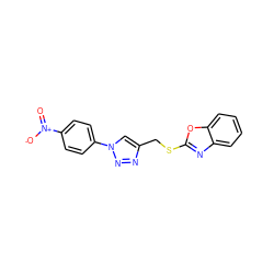 O=[N+]([O-])c1ccc(-n2cc(CSc3nc4ccccc4o3)nn2)cc1 ZINC000169340302