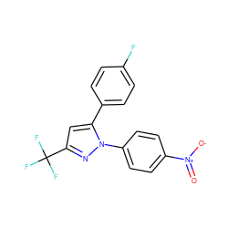 O=[N+]([O-])c1ccc(-n2nc(C(F)(F)F)cc2-c2ccc(F)cc2)cc1 ZINC000013761867