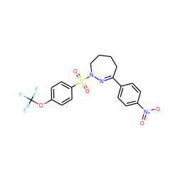 O=[N+]([O-])c1ccc(C2=NN(S(=O)(=O)c3ccc(OC(F)(F)F)cc3)CCCC2)cc1 ZINC000040567081