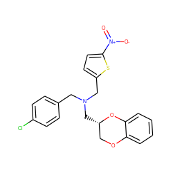 O=[N+]([O-])c1ccc(CN(Cc2ccc(Cl)cc2)C[C@H]2COc3ccccc3O2)s1 ZINC000084687822