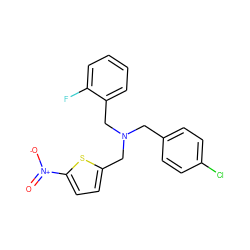 O=[N+]([O-])c1ccc(CN(Cc2ccc(Cl)cc2)Cc2ccccc2F)s1 ZINC000096270206