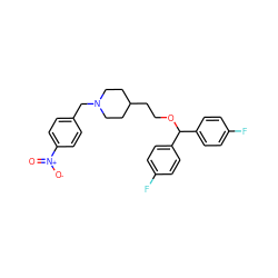 O=[N+]([O-])c1ccc(CN2CCC(CCOC(c3ccc(F)cc3)c3ccc(F)cc3)CC2)cc1 ZINC000013494213