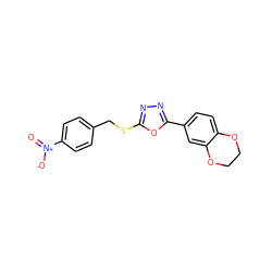 O=[N+]([O-])c1ccc(CSc2nnc(-c3ccc4c(c3)OCCO4)o2)cc1 ZINC000073168671