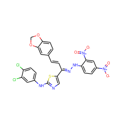 O=[N+]([O-])c1ccc(N/N=C(\C=C\c2ccc3c(c2)OCO3)c2cnc(Nc3ccc(Cl)c(Cl)c3)s2)c([N+](=O)[O-])c1 ZINC001772604418