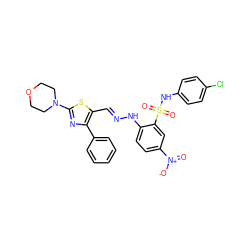 O=[N+]([O-])c1ccc(N/N=C/c2sc(N3CCOCC3)nc2-c2ccccc2)c(S(=O)(=O)Nc2ccc(Cl)cc2)c1 ZINC000017576581