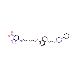 O=[N+]([O-])c1ccc(NCCCCCCOc2cccc3c2CCC[C@@H]3CCCN2CCN(C3CCCCC3)CC2)c2nonc12 ZINC000072181600