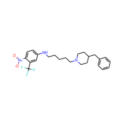 O=[N+]([O-])c1ccc(NCCCCCN2CCC(Cc3ccccc3)CC2)cc1C(F)(F)F ZINC001772652384