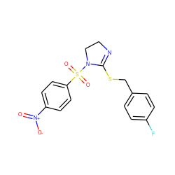 O=[N+]([O-])c1ccc(S(=O)(=O)N2CCN=C2SCc2ccc(F)cc2)cc1 ZINC000002711443