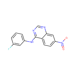 O=[N+]([O-])c1ccc2c(Nc3cccc(F)c3)ncnc2c1 ZINC000013745558