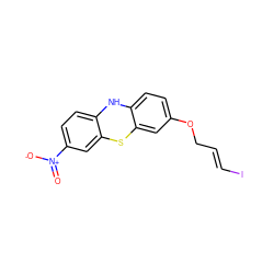 O=[N+]([O-])c1ccc2c(c1)Sc1cc(OC/C=C/I)ccc1N2 ZINC000084654587