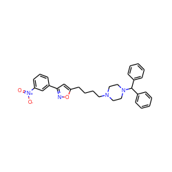 O=[N+]([O-])c1cccc(-c2cc(CCCCN3CCN(C(c4ccccc4)c4ccccc4)CC3)on2)c1 ZINC000013441328