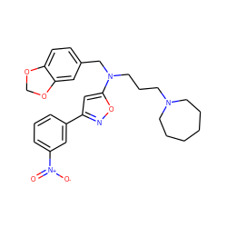 O=[N+]([O-])c1cccc(-c2cc(N(CCCN3CCCCCC3)Cc3ccc4c(c3)OCO4)on2)c1 ZINC000013437524