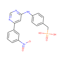 O=[N+]([O-])c1cccc(-c2cc(Nc3ccc(CP(=O)(O)O)cc3)ncn2)c1 ZINC000169346759