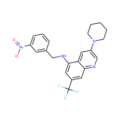 O=[N+]([O-])c1cccc(CNc2cc(C(F)(F)F)cc3ncc(N4CCCCC4)cc23)c1 ZINC000071296795