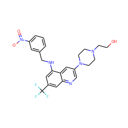 O=[N+]([O-])c1cccc(CNc2cc(C(F)(F)F)cc3ncc(N4CCN(CCO)CC4)cc23)c1 ZINC000169328733