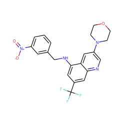 O=[N+]([O-])c1cccc(CNc2cc(C(F)(F)F)cc3ncc(N4CCOCC4)cc23)c1 ZINC000071329491