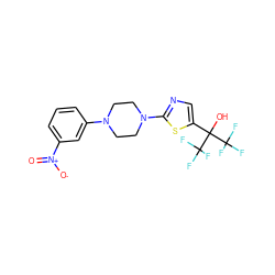 O=[N+]([O-])c1cccc(N2CCN(c3ncc(C(O)(C(F)(F)F)C(F)(F)F)s3)CC2)c1 ZINC000064548642