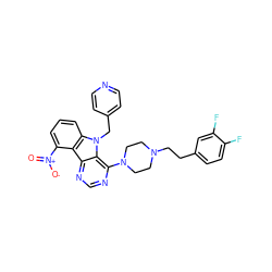 O=[N+]([O-])c1cccc2c1c1ncnc(N3CCN(CCc4ccc(F)c(F)c4)CC3)c1n2Cc1ccncc1 ZINC000028766581