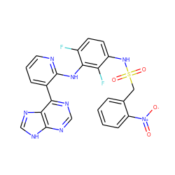 O=[N+]([O-])c1ccccc1CS(=O)(=O)Nc1ccc(F)c(Nc2ncccc2-c2ncnc3[nH]cnc23)c1F ZINC000166379663