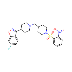 O=[N+]([O-])c1ccccc1S(=O)(=O)N1CCC(CN2CCC(c3noc4cc(F)ccc34)CC2)CC1 ZINC000653784846