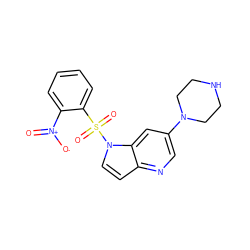 O=[N+]([O-])c1ccccc1S(=O)(=O)n1ccc2ncc(N3CCNCC3)cc21 ZINC000043123451