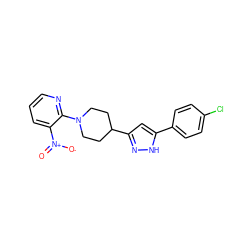 O=[N+]([O-])c1cccnc1N1CCC(c2cc(-c3ccc(Cl)cc3)[nH]n2)CC1 ZINC000013144203